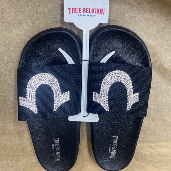 NWT TRUE RELIGION RHINESTONE SANDALS  Slipper Slide black crystal Swarovski - Picture 1 of 13